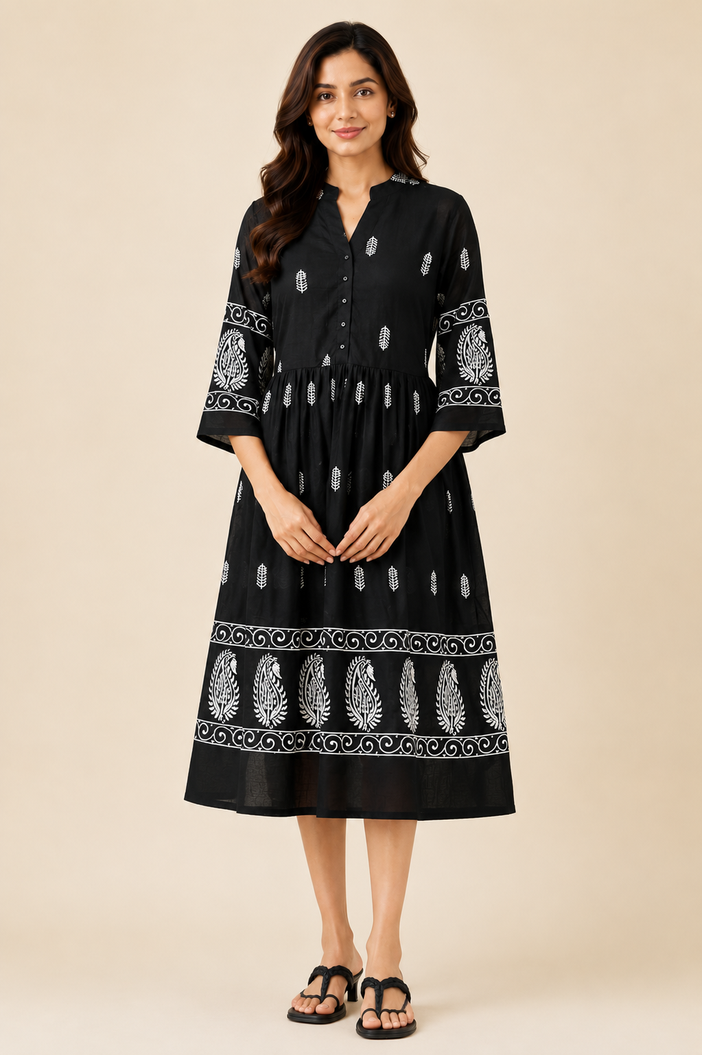 Black Paisley Leaf Printed One-Piece Dress