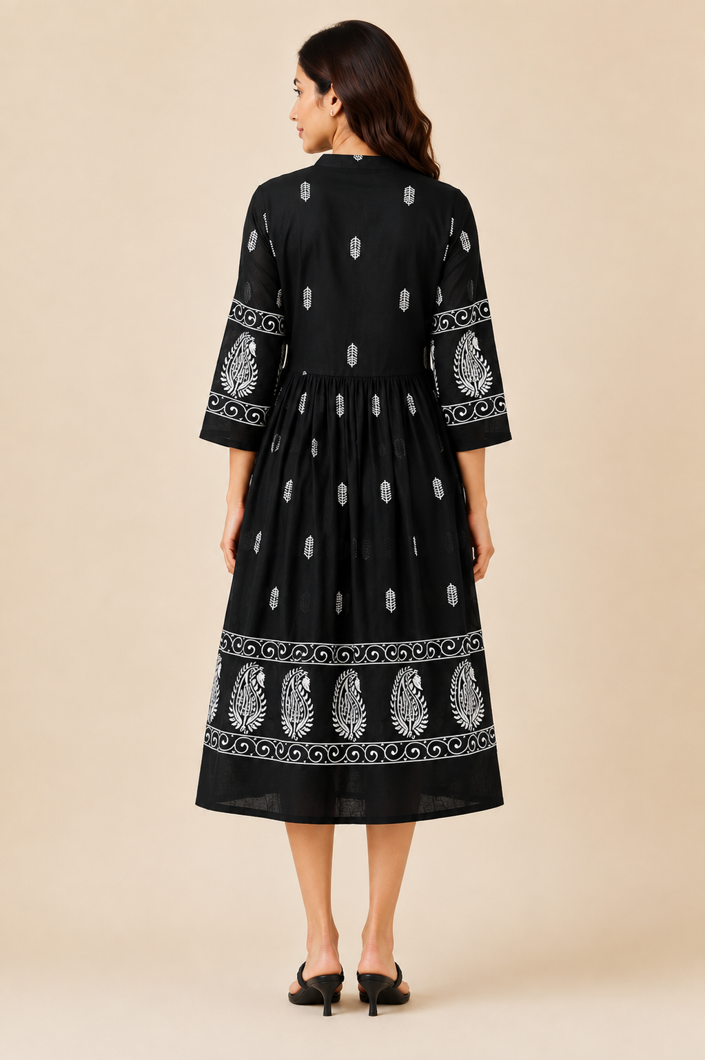 Black Paisley Leaf Printed One-Piece Dress