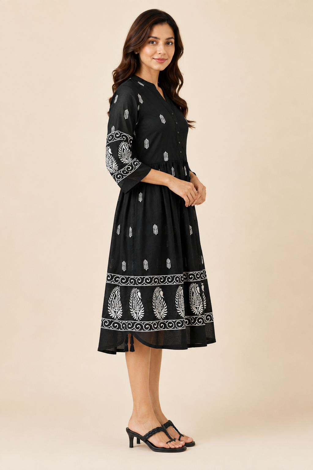 Black Paisley Leaf Printed One-Piece Dress