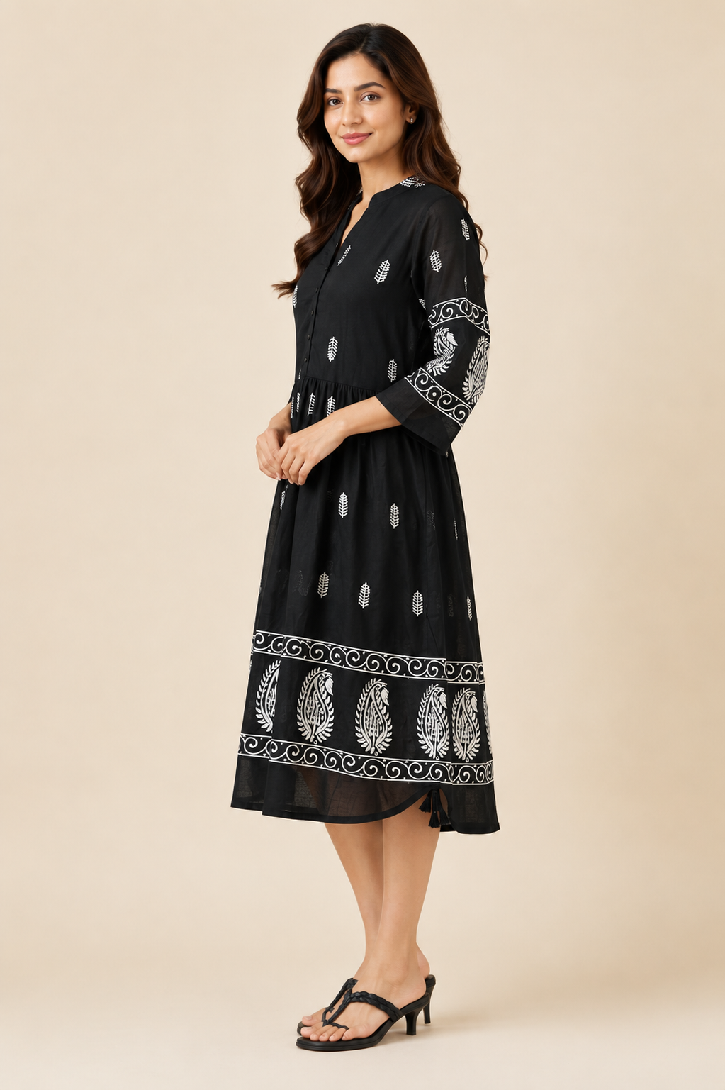 Black Paisley Leaf Printed One-Piece Dress