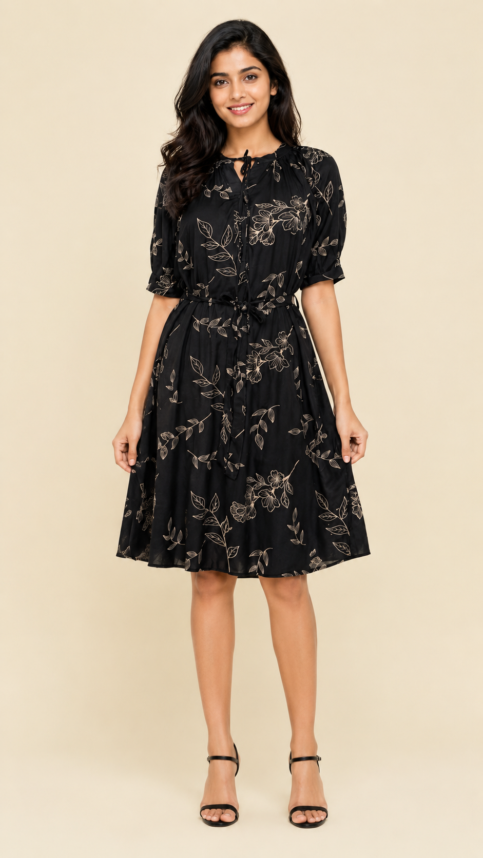 Black Floral Tie-Waist Dress
