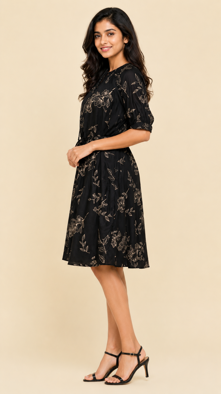 Black Floral Tie-Waist Dress