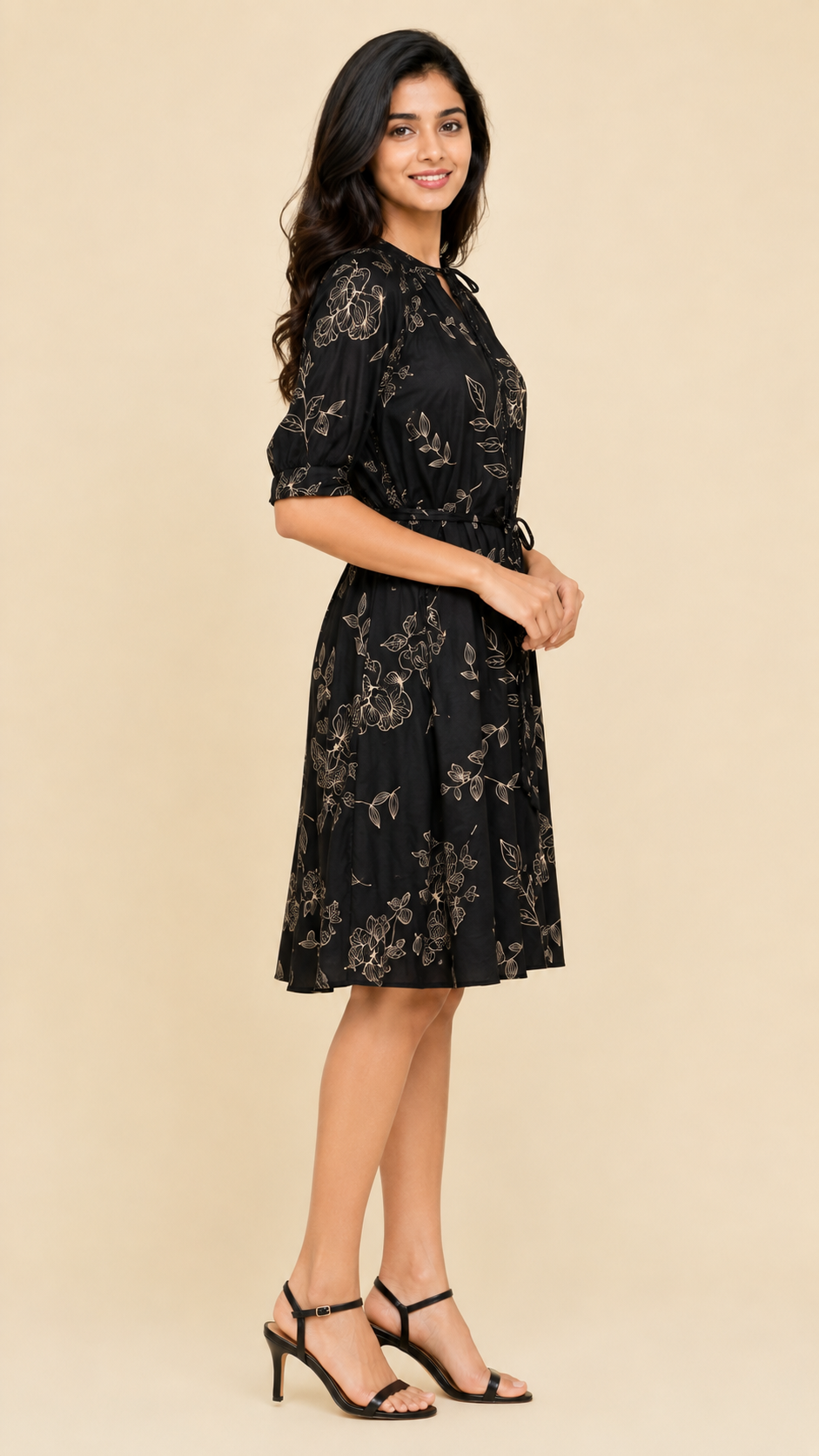 Black Floral Tie-Waist Dress
